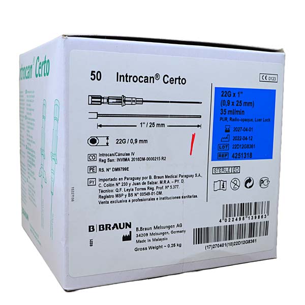 CATETER INTROCAN S/ALAS 22G AZUL