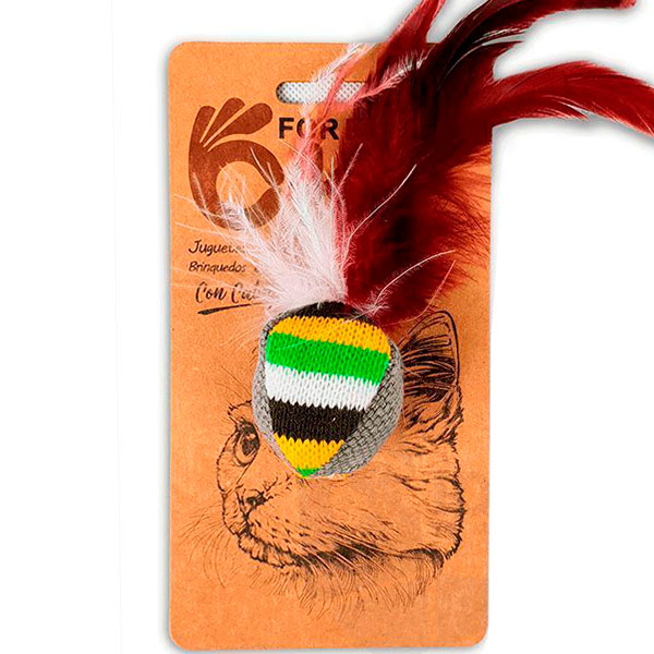 BOLA GRIS DE TELA CON PLUMAS CON CATNIP