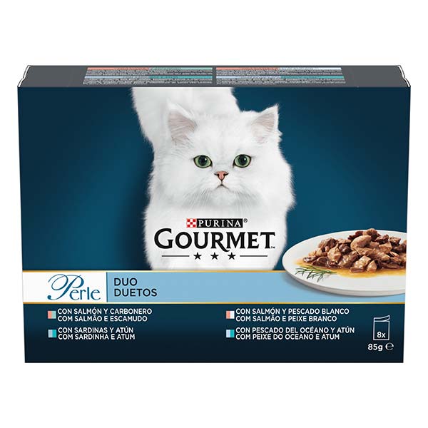 GOURMET PERLE DUO Salmón y Pescado blanco (8x85g)