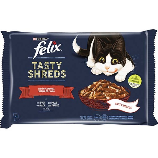 [12480205] FELIX TASTY SHREDS Festín de Sabores 12(4x80g)